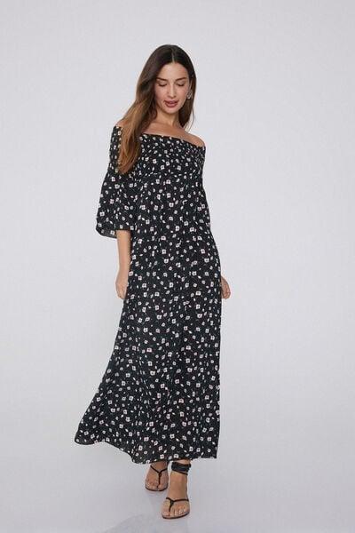 Black Long Stitched-Smock Off-The-Shoulder Dress, 5701_754Y, large image number 1