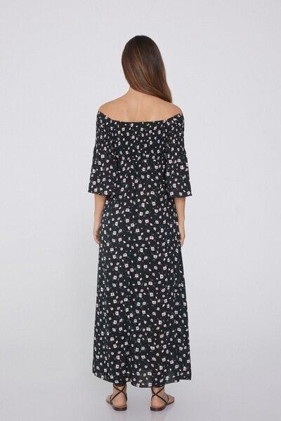 Black Long Stitched-Smock Off-The-Shoulder Dress, 5701_754Y, large image number 2