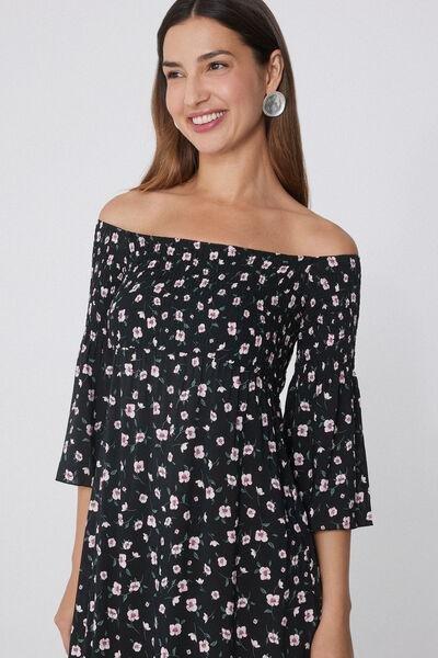 Black Long Stitched-Smock Off-The-Shoulder Dress, 5701_754Y, large image number 3