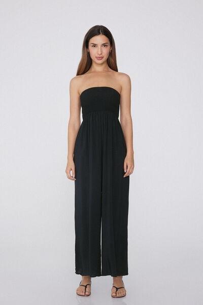Black Smocked Bandeau Jumpsuit, , large image number 0