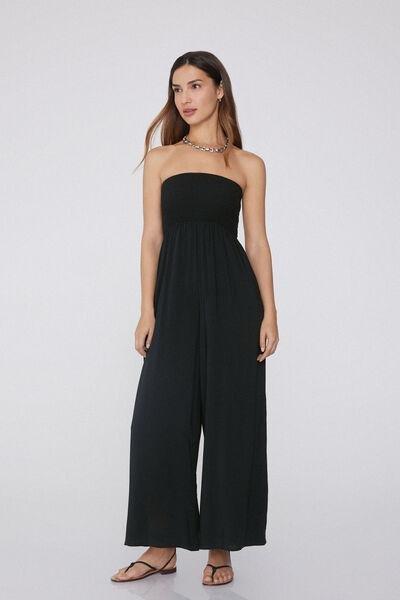 Black Smocked Bandeau Jumpsuit, Black, medium