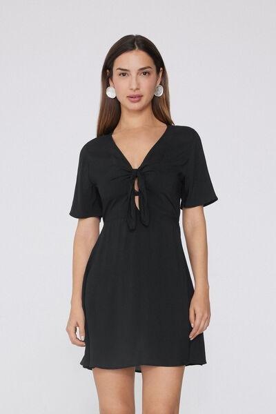 Black Short Sleeve Knotted Viscose Dress, Black, medium