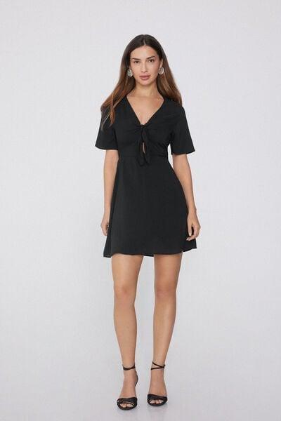 NERO Short Sleeve Viscose Dress with Knot, Black, large image number 0