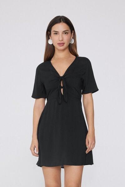 NERO Short Sleeve Viscose Dress with Knot, Black, large image number 1