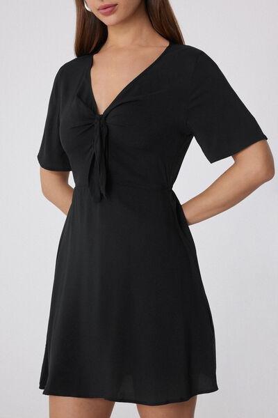Black Short Sleeve Knotted Viscose Dress, Black, large image number 3