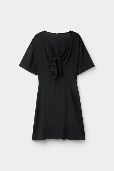 Black Short Sleeve Knotted Viscose Dress, Black, large image number 4