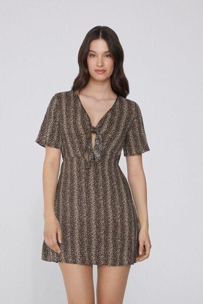 Black Animal Print Knotted Viscose Dress, , large image number 0