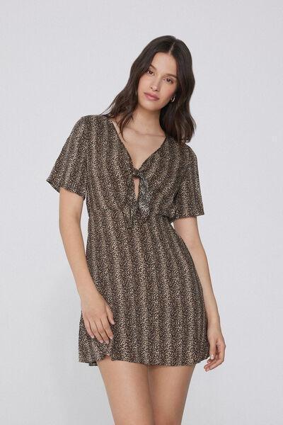 Black Animal Print Knotted Viscose Dress, , large image number 1
