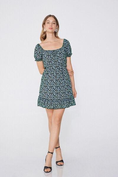 Blue Printed Wide Neck Dress, 5701_907W, large image number 0