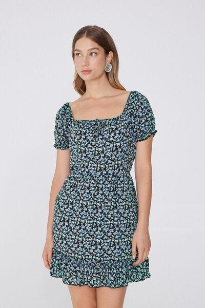 Blue Printed Wide Neck Dress, 5701_907W, large image number 1