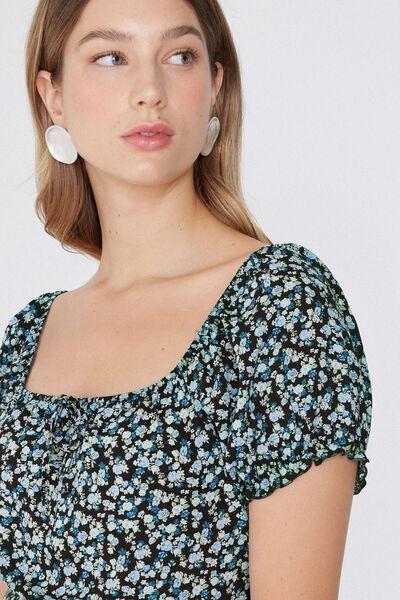 Blue Printed Wide Neck Dress, 5701_907W, large image number 3