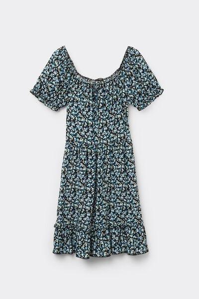 Blue Printed Wide Neck Dress, 5701_907W, large image number 4