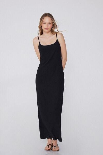 Black Crepe-Effect Midi Dress, Black, large image number 1