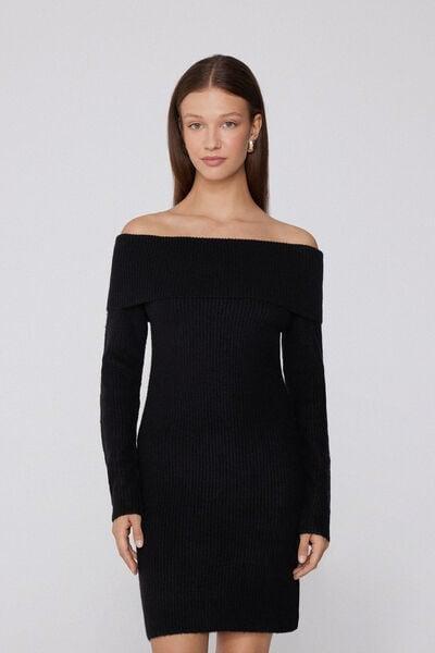 Black Thick Ribbed Midi Dress, Black, large image number 1