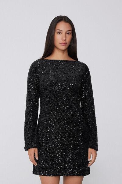 Black Long Sleeve Sequin Mini Dress, Black, large image number 0