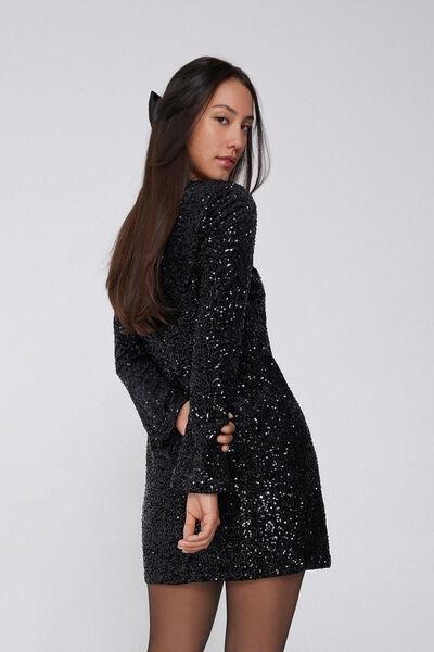 Black Long Sleeve Sequin Mini Dress, Black, large image number 1