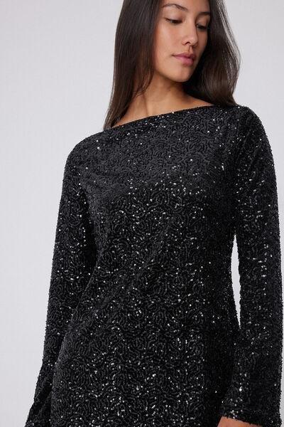 Black Long Sleeve Sequin Mini Dress, Black, large image number 2