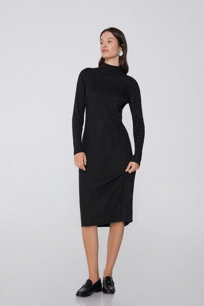 Black High-Necked Long Ribbed Wool Dress, Black, large image number 0