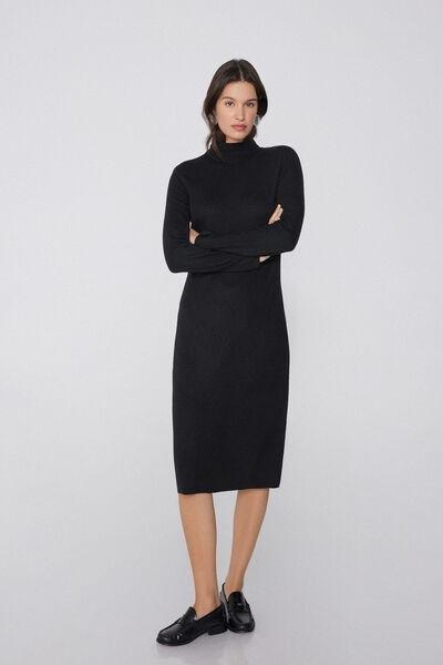 Black High-Necked Long Ribbed Wool Dress, Black, large image number 1