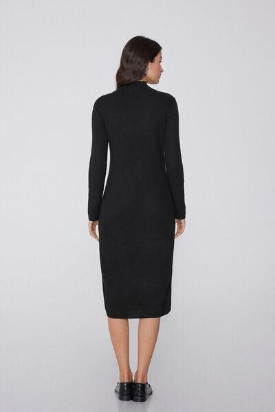 Black High-Necked Long Ribbed Wool Dress, Black, large image number 2