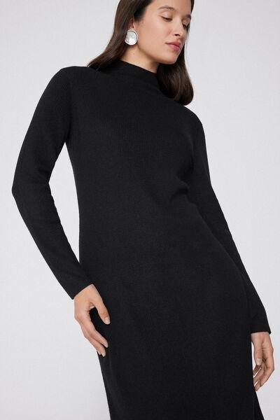 Black High-Necked Long Ribbed Wool Dress, Black, large image number 3