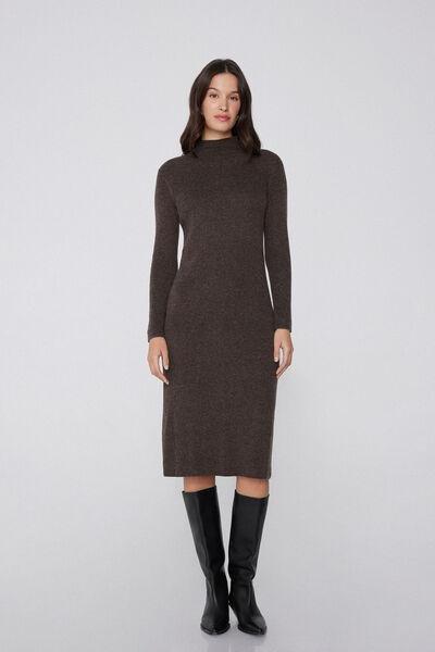 Brown High-Necked Long Ribbed Wool Dress, 5701_914Y, large image number 0