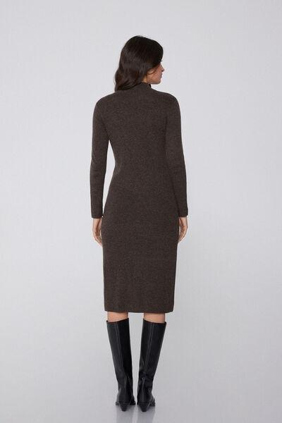 Brown High-Necked Long Ribbed Wool Dress, 5701_914Y, large image number 2