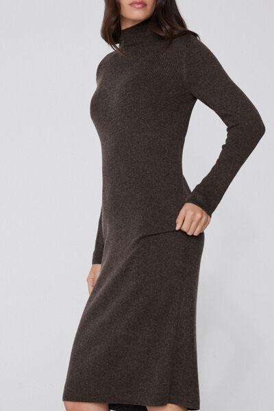 Brown High-Necked Long Ribbed Wool Dress, 5701_914Y, large image number 3