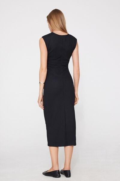 BLACK Crinkle Midi Dress with Gathering, Black, large image number 2