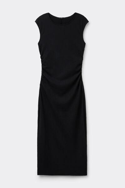 BLACK Crinkle Midi Dress with Gathering, Black, large image number 4