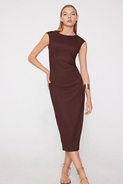 Brown Crinkle Effect Midi Dress, 5701_529Z, large image number 0