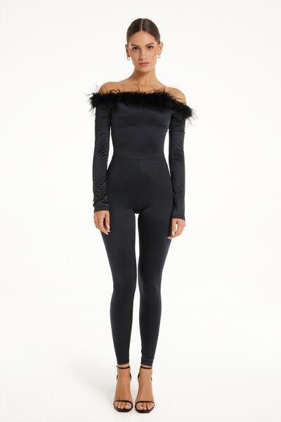Black Limited Edition Microfibre Jumpsuit With Feathers, , large image number 0
