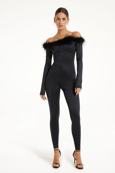 Black Limited Edition Microfibre Jumpsuit With Feathers, , large image number 1
