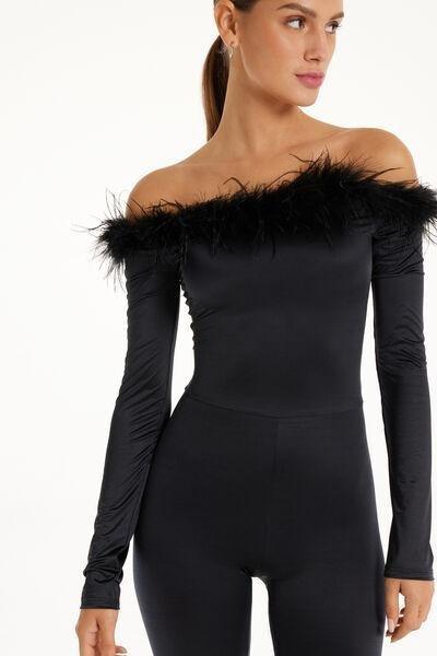 Black Limited Edition Microfibre Jumpsuit With Feathers, , large image number 3