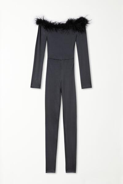 Black Limited Edition Microfibre Jumpsuit With Feathers, , large image number 4