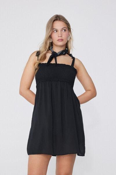 Black Short Canvas Smock Stitch Dress, Black, large image number 0