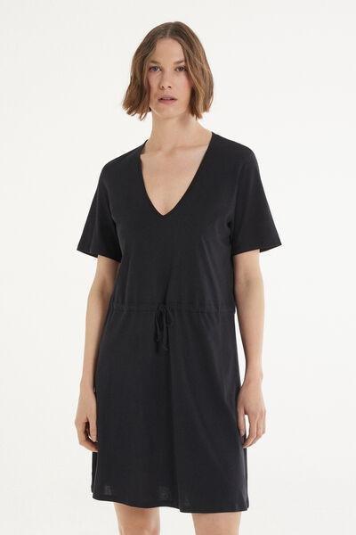 Black Short Sleeve Short V-Neck Dress, , medium