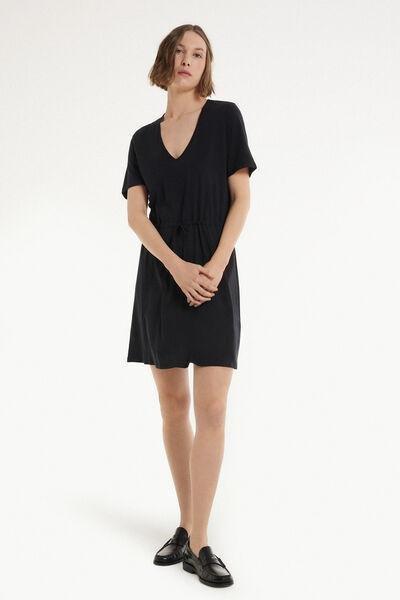 Black Short Sleeve Short V-Neck Dress, , large image number 1