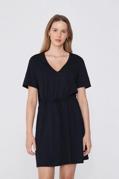 Black Short Sleeve Short V-Neck Dress, Black, large image number 1
