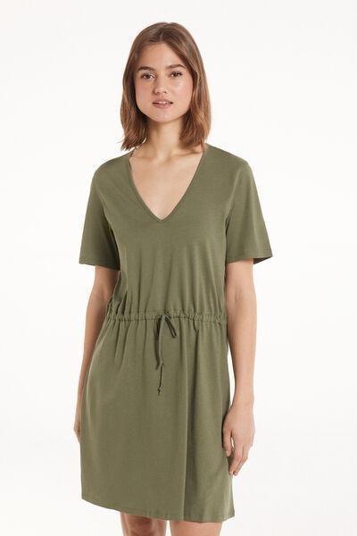 VERDE SAFARI Short Sleeve Short Cotton V-Neck Dress, , large image number 0