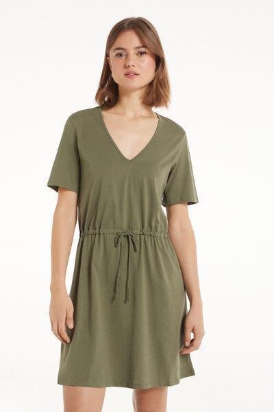 VERDE SAFARI Short Sleeve Short Cotton V-Neck Dress, , large image number 1