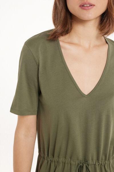 VERDE SAFARI Short Sleeve Short Cotton V-Neck Dress, , large image number 3