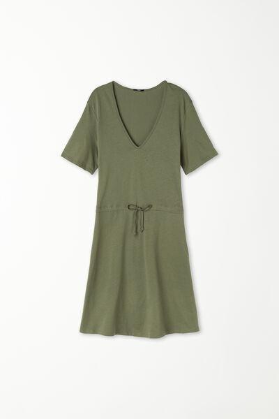 VERDE SAFARI Short Sleeve Short Cotton V-Neck Dress, , large image number 4