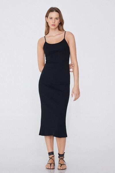 Black Ribbed Midi Dress, Black, large image number 0