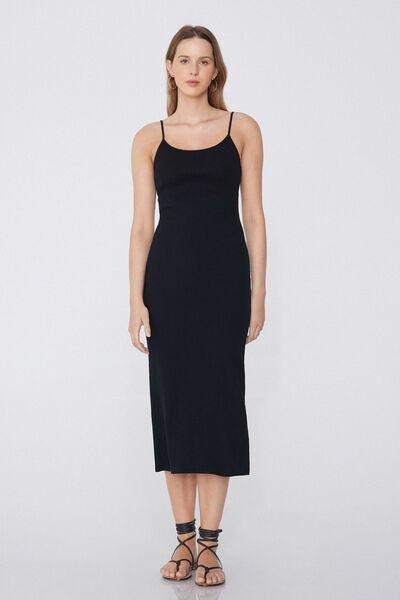 Black Ribbed Midi Dress, Black, large image number 1
