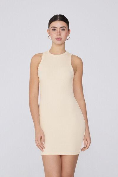 Beige Short Ribbed Racerback Dress, , large image number 0