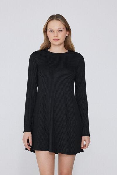 Black Long Sleeve Ribbed Dress, , medium