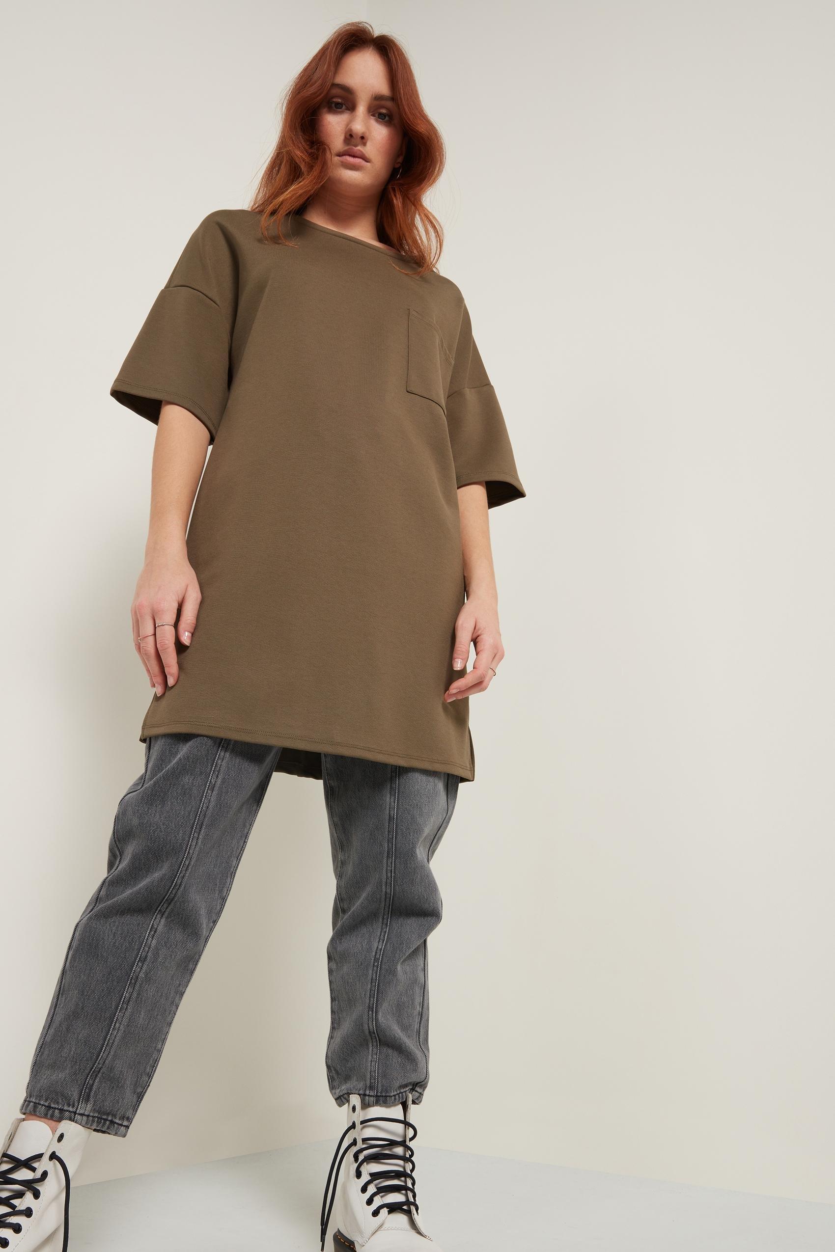 Khaki Short-Sleeved Oversize Dress With Breast Pocket, Women, 5701_169U, large image number 0