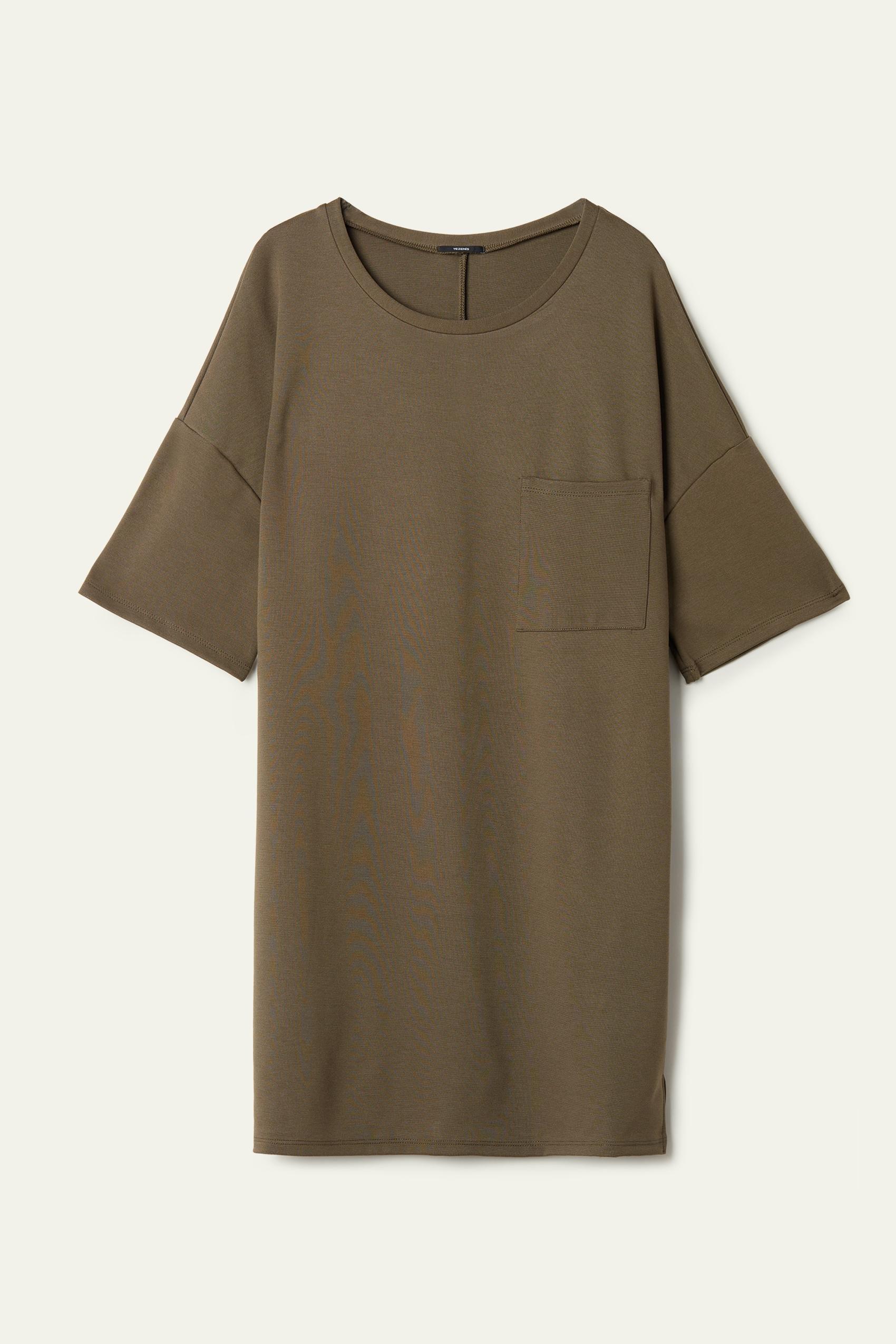 Khaki Short-Sleeved Oversize Dress With Breast Pocket, Women, 5701_169U, large image number 1