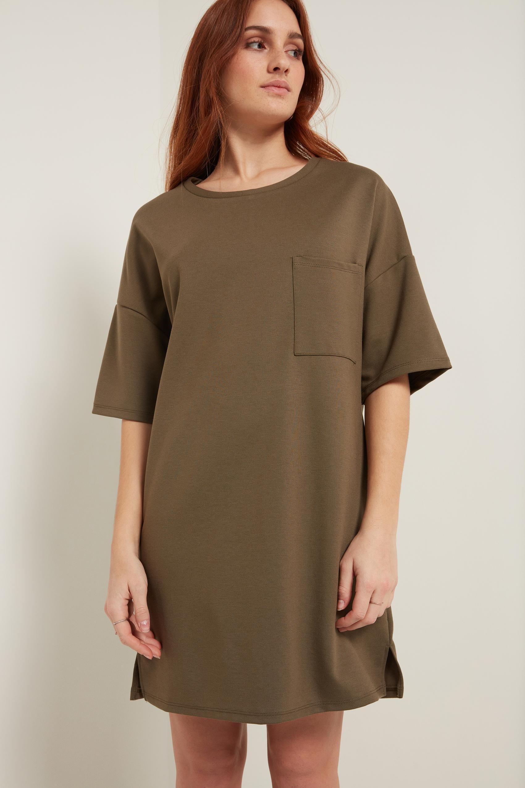 Khaki Short-Sleeved Oversize Dress With Breast Pocket, Women, 5701_169U, large image number 2